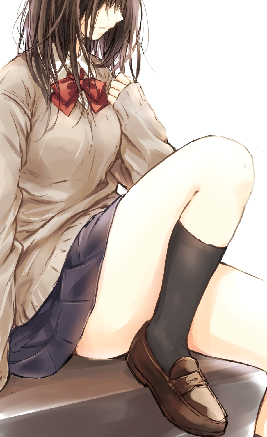 1girl bangs black_legwear blue_skirt brown_hair brown_shoes brown_sweater head_out_of_frame highres knee_up kneehighs loafers long_hair matsuda_hikari original parted_lips pleated_skirt school_uniform shoes sitting skirt solo sweater thighs