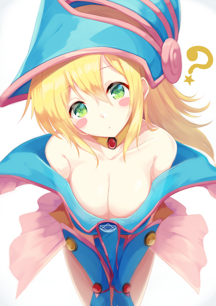 1girl ? bare_shoulders blonde_hair blue_hat blush_stickers breasts choker cleavage collarbone dark_magician_girl gauntlets green_eyes hair_between_eyes hat head_tilt igakusei large_breasts leaning_forward long_hair looking_at_viewer simple_background solo star upper_body v_arms white_background yu-gi-oh!