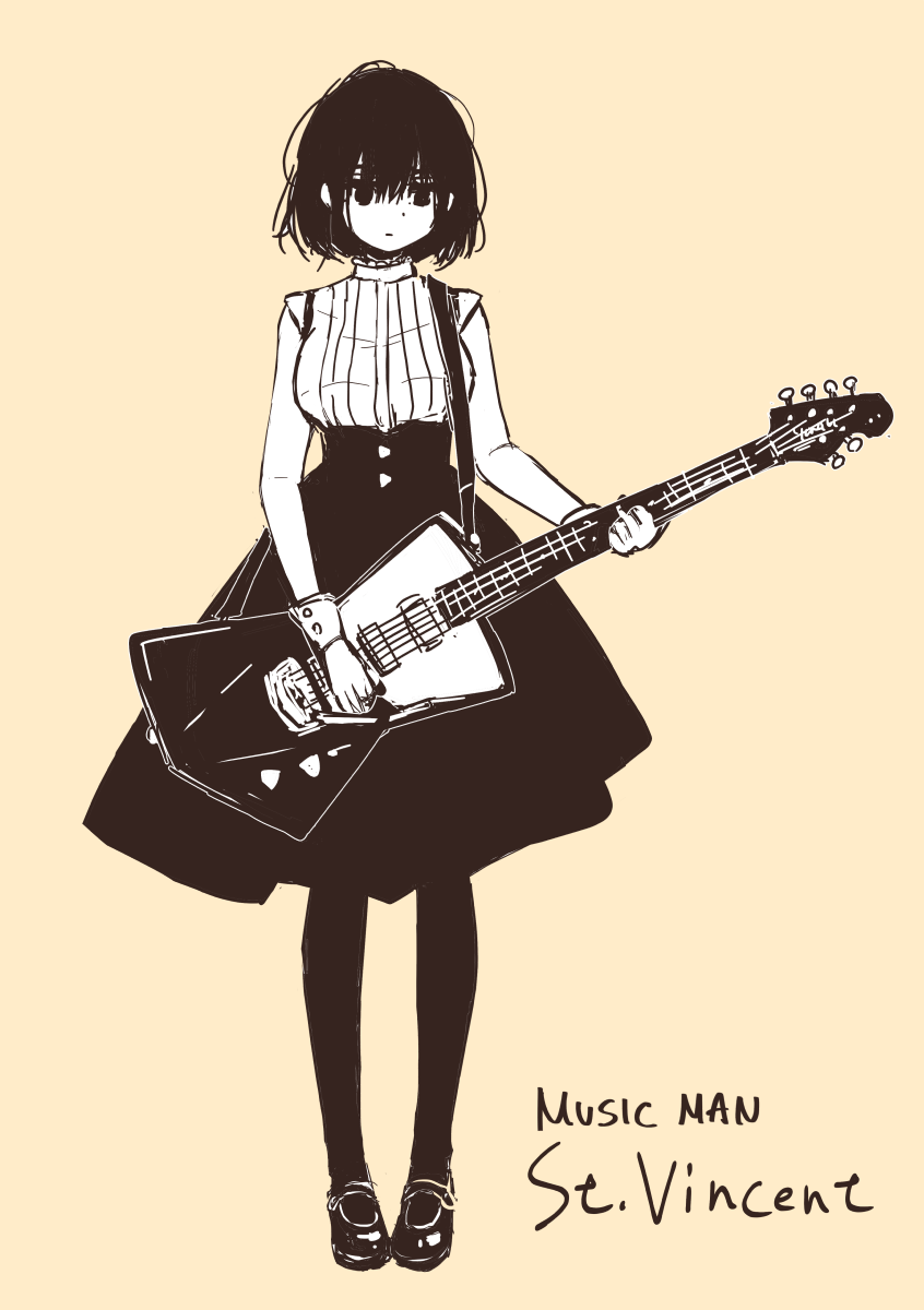 1girl bangs bob_cut closed_mouth full_body guitar high-waist_skirt highres holding_instrument instrument loafers looking_down matsuda_hikari monochrome music_man_st._vincent original pantyhose shoes short_hair skirt sleeveless solo