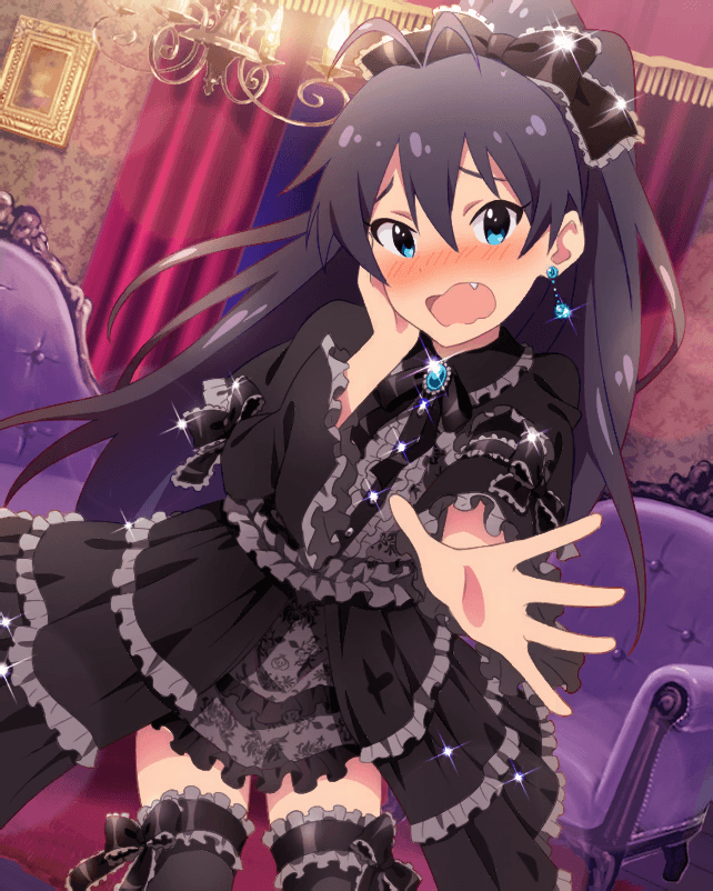 1girl antenna_hair artist_request bangs black_hair blue_eyes bow couch curtains earrings embarrassed fang frills ganaha_hibiki gothic_lolita hair_bow idolmaster idolmaster_million_live! idolmaster_million_live!_theater_days jewelry lace lace-trimmed_thighhighs lolita_fashion long_hair looking_at_viewer official_art outstretched_hand ponytail ribbon solo thigh-highs