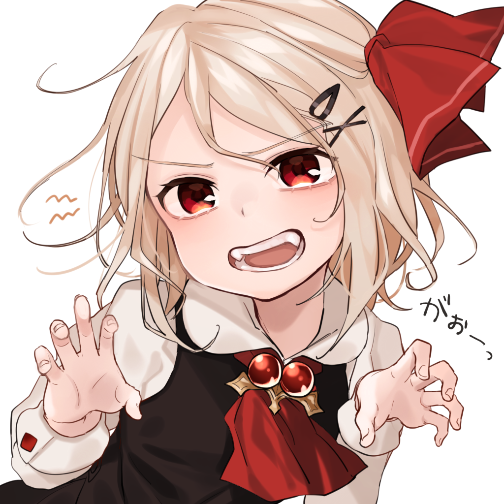 1girl ascot blonde_hair gotoh510 hair_ornament hair_ribbon hairclip long_sleeves open_mouth red_eyes red_ribbon ribbon rumia simple_background solo teeth touhou upper_body vest white_background x_hair_ornament