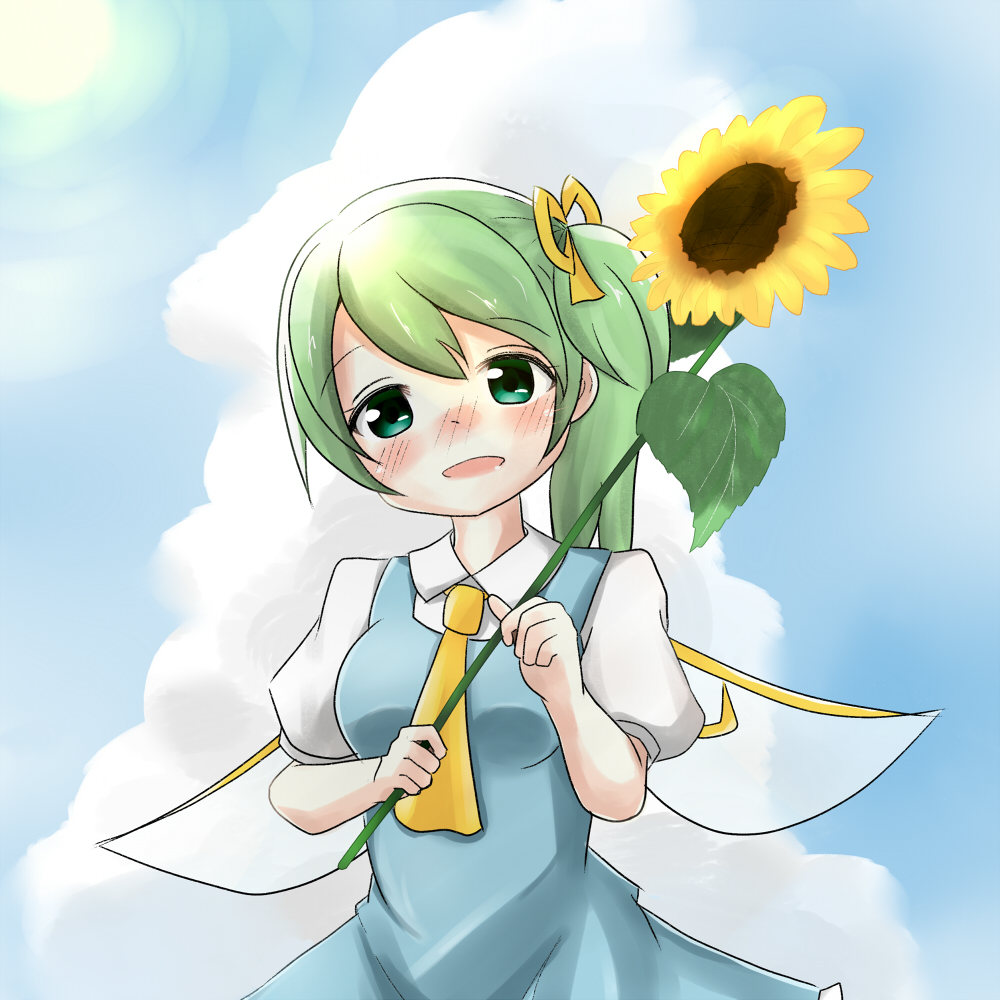 :d ascot blue_dress blush bow breasts clouds cloudy_sky commentary_request cowboy_shot daiyousei dress fairy_wings flower green_eyes green_hair hair_bow head_tilt holding holding_flower looking_at_viewer nose_blush open_mouth outdoors puffy_short_sleeves puffy_sleeves ribbon shirt short_hair short_sleeves side_ponytail sky smile sun sunflower takami13 touhou white_shirt wings yellow_ribbon