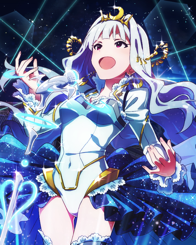 1girl artist_request bangs breasts covered_navel earrings idolmaster idolmaster_million_live! idolmaster_million_live!_theater_days jewelry lace long_hair long_sleeves looking_up moon_(ornament) music night night_sky official_art open_mouth shijou_takane silver_hair singing sky solo thigh-highs tiara violet_eyes wavy_hair