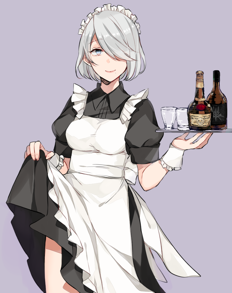 1girl alcohol alternate_costume apron bangs black_dress bottle breasts closed_mouth clothes_lift collared_dress cowboy_shot cup dress dress_lift drinking_glass enmaided eyebrows_visible_through_hair fingernails frilled_apron frilled_cuffs frills glass hair_over_one_eye hands_up holding holding_tray kurosawa_kazuto lifted_by_self maid maid_apron maid_headdress medium_breasts mole mole_under_mouth nier_(series) nier_automata one_eye_closed pink_lips puffy_short_sleeves puffy_sleeves purple_background sash short_hair short_sleeves silver_hair simple_background skirt skirt_hold skirt_lift smile solo standing tray waist_apron whiskey white_apron wing_collar wrist_cuffs yorha_no._2_type_b