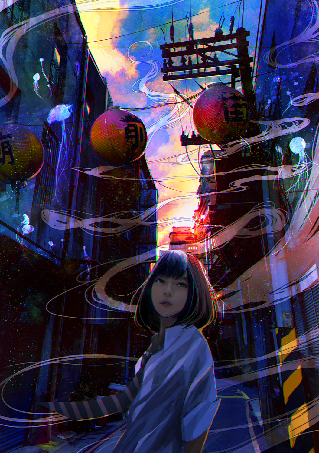 1girl arms_at_sides black_hair building collared_shirt evening highres lantern looking_at_viewer necktie original outdoors paper_lantern road shirt short_hair solo standing street striped striped_necktie sunlight telephone_pole wataboku white_shirt wing_collar