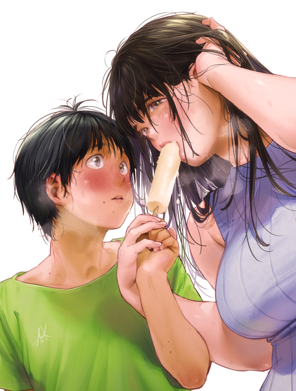 1boy 1girl adjusting_hair bangs bare_arms bare_shoulders black_hair blue_sweater blush breasts breath brown_eyes commentary_request food food_in_mouth green_shirt half-closed_eyes hand_holding highres holding holding_food kamiyama_aya large_breasts long_hair looking_at_another mole mole_under_mouth original popsicle sexually_suggestive shirt simple_background sweat sweater sweater_vest upper_body white_background