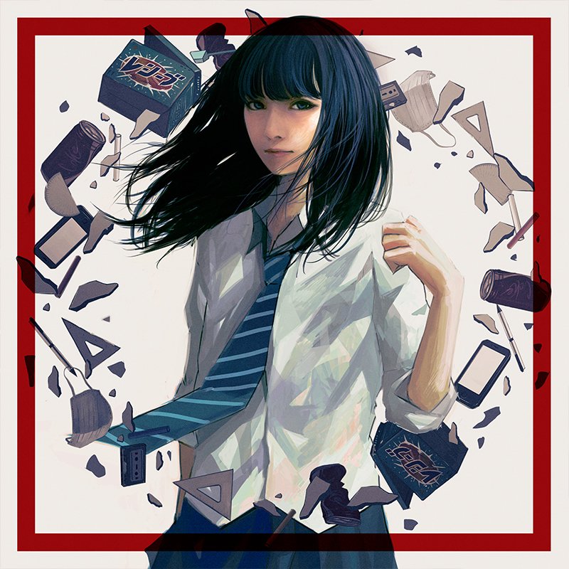 1girl abstract arm_at_side arm_up bangs black_hair blue_eyes blue_necktie blue_skirt can collared_shirt commentary_request diagonal_stripes dress_shirt face_mask long_hair mask necktie original pen school_uniform shirt skirt sleeves_pushed_up solo striped striped_necktie surreal wataboku white_shirt wing_collar