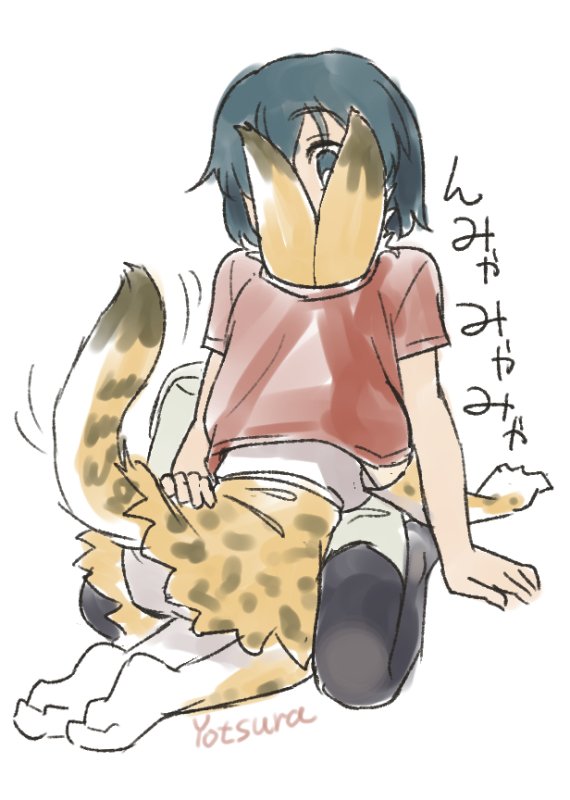 2girls animal_ears artist_name black_legwear blue_eyes blue_hair commentary elbow_gloves gloves hand_on_another's_ass head_up_shirt kaban_(kemono_friends) kemono_friends multiple_girls print_gloves print_legwear print_skirt red_shirt serval_(kemono_friends) serval_ears serval_print serval_tail shirt sitting sketch skirt tail tail_wagging thigh-highs yotsura yuri