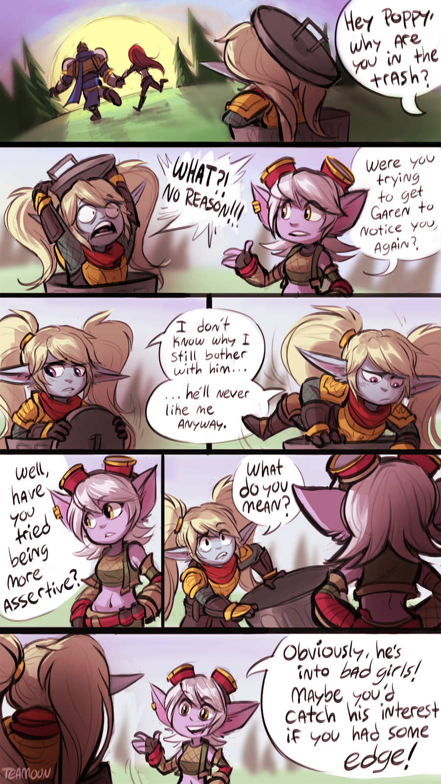 blue_skin comic english garen_crownguard highres katarina_du_couteau league_of_legends pointy_ears poppy speech_bubble text tristana yordle