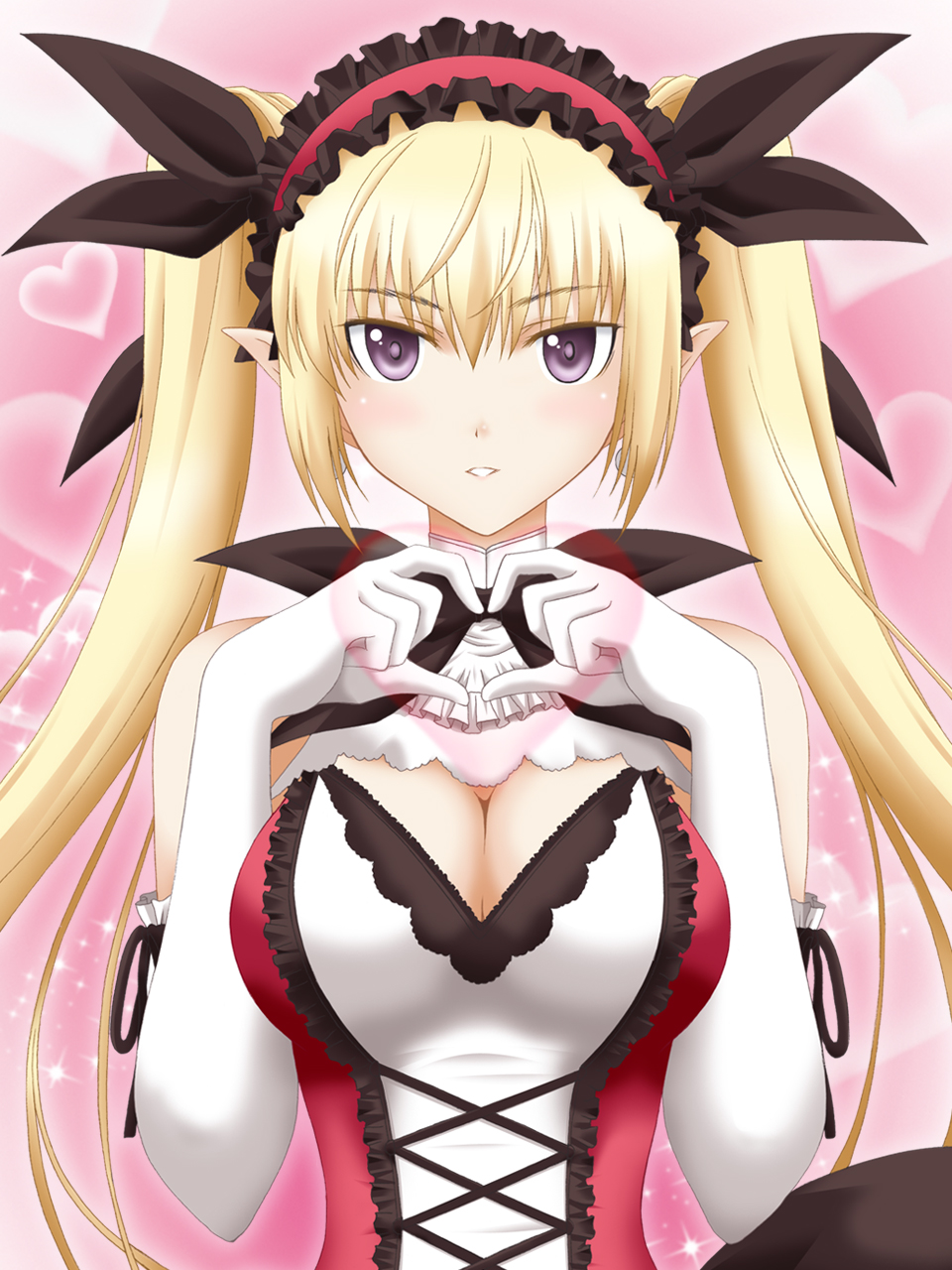 1girl blonde_hair breasts cleavage elbow_gloves elf gloves hairband heart highres jewelry kagura_ittou long_hair looking_at_viewer mistral_nereis pointy_ears shining_(series) shining_hearts smile solo twintails violet_eyes
