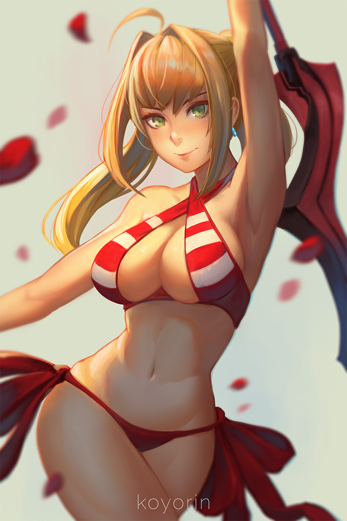 1girl aestus_estus armpits bikini earrings fate/grand_order fate_(series) green_eyes holding holding_sword holding_weapon jewelry koyoriin long_hair looking_at_viewer navel nero_claudius_(swimsuit_caster)_(fate) petals smile solo striped striped_bikini swimsuit sword twintails weapon