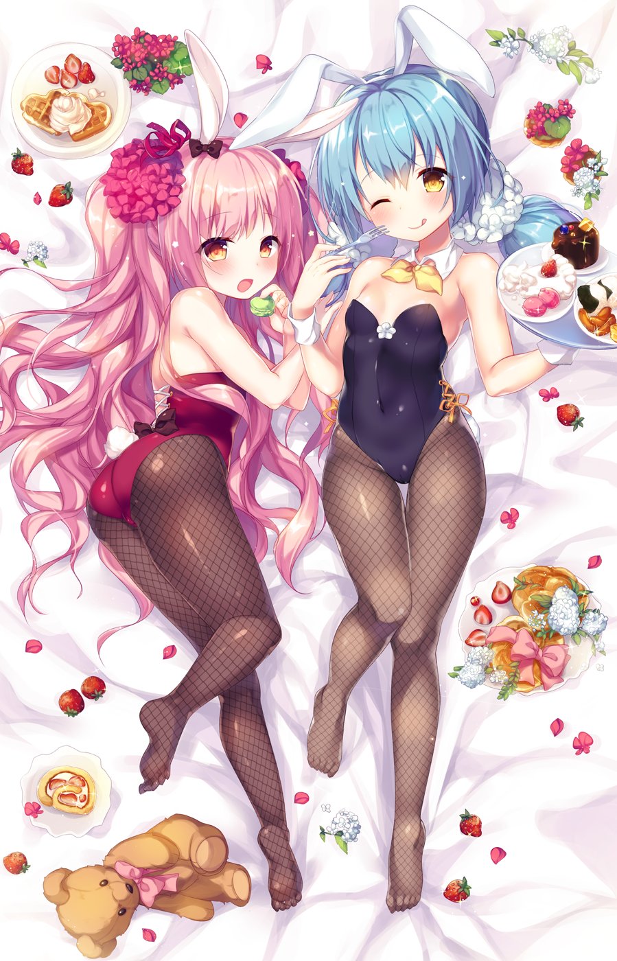 2girls :o ;q alternate_costume animal_ears ass blue_hair blush bow breasts bunny_tail bunnysuit cake christmas_begonia_(flower_knight_girl) commentary_request covered_navel detached_collar fishnet_pantyhose fishnets flower flower_knight_girl food fork from_behind fruit highres kodemari_(flower_knight_girl) long_hair low_twintails lying macaron morinaga_kobato multiple_girls on_bed one_eye_closed pantyhose pink_hair plate rabbit_ears small_breasts strawberry stuffed_animal stuffed_toy tail teddy_bear thigh_gap tongue tongue_out twintails waffle wrist_cuffs yellow_eyes
