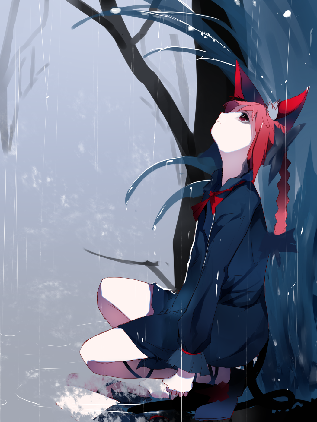 1girl alternate_costume black_bow bow braid cat_tail commentary_request dress full_body hair_bow highres ikurauni kaenbyou_rin long_hair long_sleeves looking_up outdoors rain red_eyes redhead school_uniform serafuku sitting solo squatting tail touhou tree twin_braids