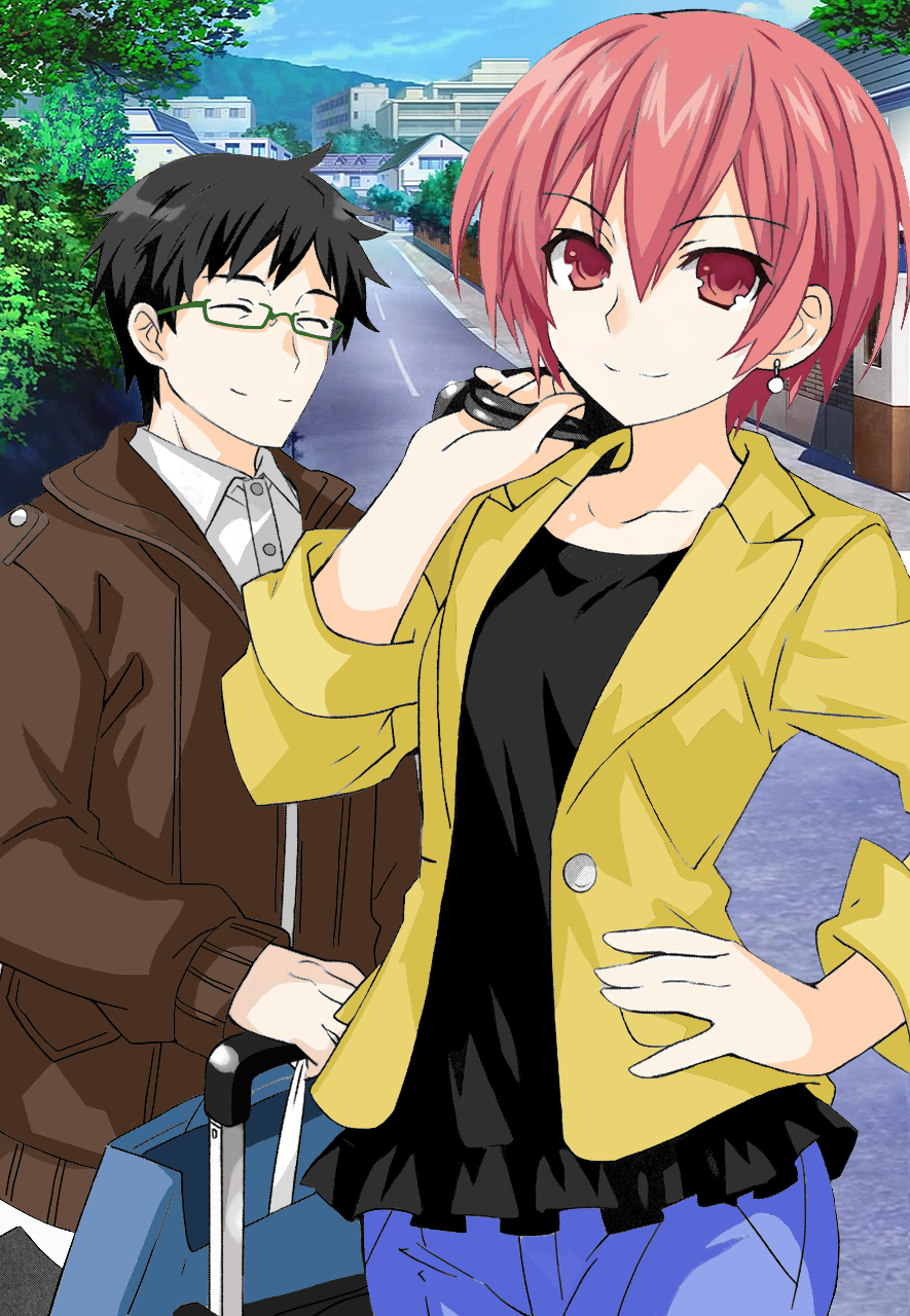 1boy 1girl bag black_hair closed_eyes date_a_live denim earrings facing_viewer glasses highres itsuka_haruko itsuka_tatsuo jewelry parent pink_eyes pink_hair smile standing suitcase tsunako