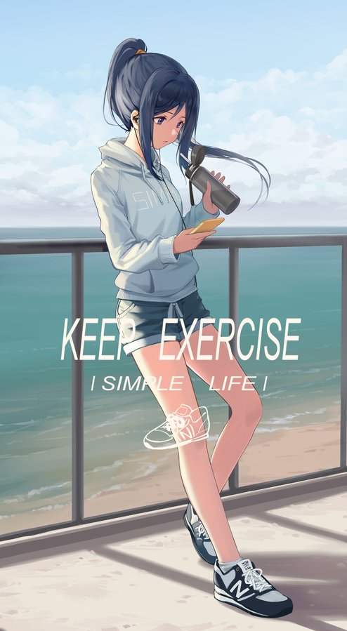 1girl against_railing beach blue_eyes blue_hair breasts cellphone clothes_writing clouds cloudy_sky day digital_media_player earphones earphones english expressionless full_body holding holding_phone hood hooded_sweater hoodie horizon huanxiang_heitu leaning_back looking_down love_live! love_live!_sunshine!! matsuura_kanan ocean outdoors phone ponytail shoes short_shorts shorts sidelocks sky small_breasts smartphone sneakers socks solo sweater text thermos