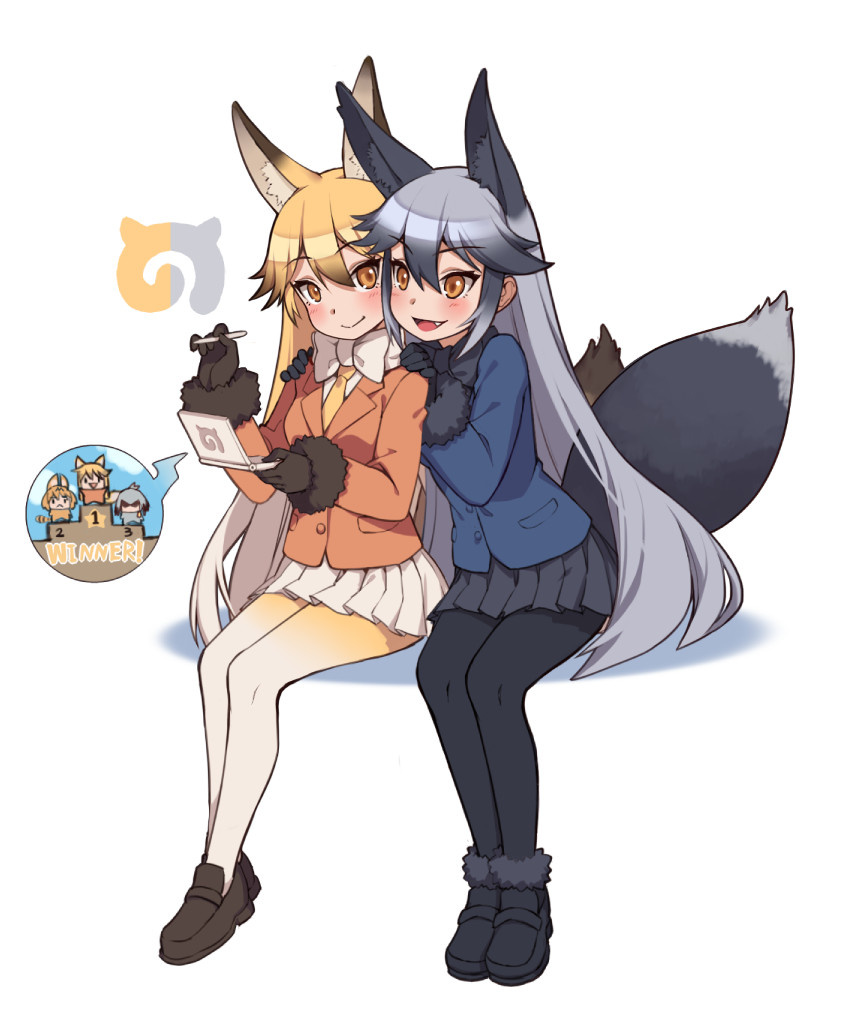 2girls :d animal_ears black_gloves black_legwear blazer blonde_hair blush brown_eyes closed_mouth extra_ears ezo_red_fox_(kemono_friends) fang fox_ears fox_tail full_body fur_trim gloves gradient_hair hair_between_eyes handheld_game_console hands_on_another's_shoulders jacket kemono_friends kugi_ta_hori_taira loafers long_hair multicolored_hair multiple_girls necktie open_mouth pantyhose pleated_skirt shoes silver_fox_(kemono_friends) silver_hair sitting skirt smile stylus tail two-tone_hair very_long_hair yellow_legwear