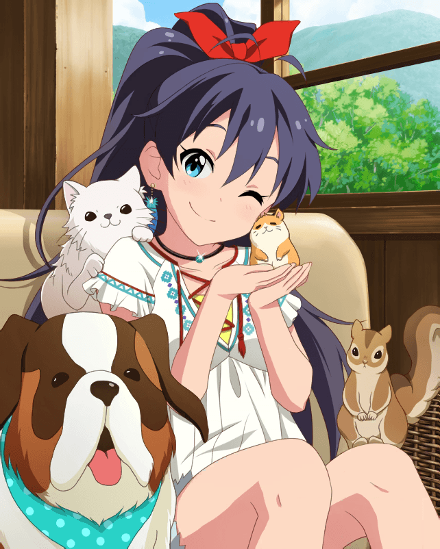 1girl animal antenna_hair artist_request bangs black_hair blue_eyes cat collarbone day dog earrings ganaha_hibiki hamuzou idolmaster idolmaster_million_live! idolmaster_million_live!_theater_days inumi jewelry long_hair looking_at_viewer necklace official_art one_eye_closed ponytail sitting smile solo squirrel tree window