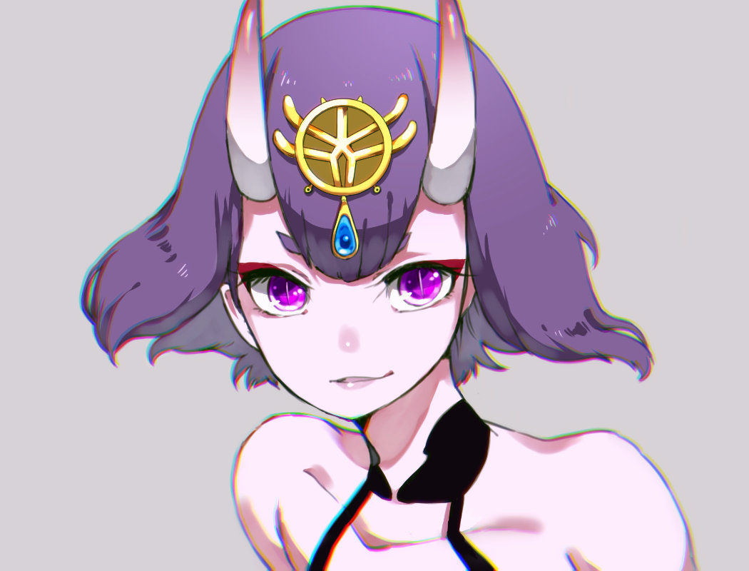 1girl bangs bare_shoulders black_choker blunt_bangs choker collarbone commentary_request eyebrows eyelashes face fate/grand_order fate_(series) floating_hair gem grey_background horns koujira looking_at_viewer makeup mascara oni oni_horns parted_lips purple_hair sapphire_(stone) short_eyebrows short_hair shuten_douji_(fate/grand_order) simple_background slit_pupils smile solo thick_eyebrows upper_body violet_eyes wind