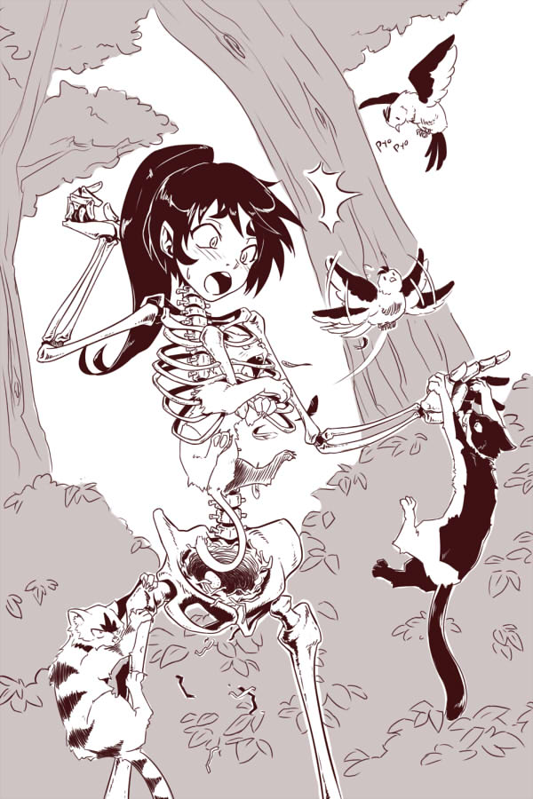 1girl bird bird_nest black_hair bone bush cat climbing egg flying forest gammatelier monochrome monster_girl nature original ponytail ribs skeleton surprised tree