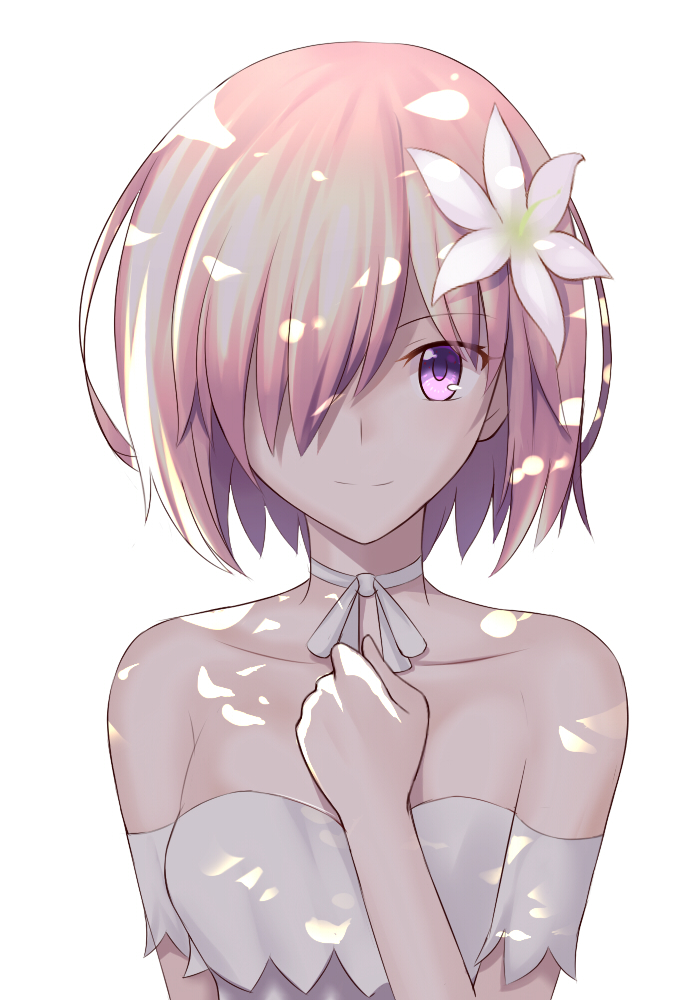 1girl bandeau bangs bare_shoulders besmiled breasts closed_mouth collarbone dappled_sunlight eyebrows_visible_through_hair fate/grand_order fate_(series) flower hair_flower hair_ornament hair_over_one_eye hand_on_own_chest looking_at_viewer medium_breasts pink_hair shielder_(fate/grand_order) short_hair simple_background smile solo sunlight upper_body violet_eyes white_background white_flower