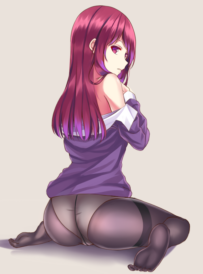 1girl ass back bare_shoulders black_legwear commentary_request crotch_seam from_behind grey_background hands_up long_hair long_sleeves looking_at_viewer looking_back original panties panties_under_pantyhose pantyhose parted_lips purple_hair purple_shirt sanbaisoku_ikaros shirt simple_background sitting soles solo thighband_pantyhose toes twisted_neck underwear violet_eyes wariza white_panties