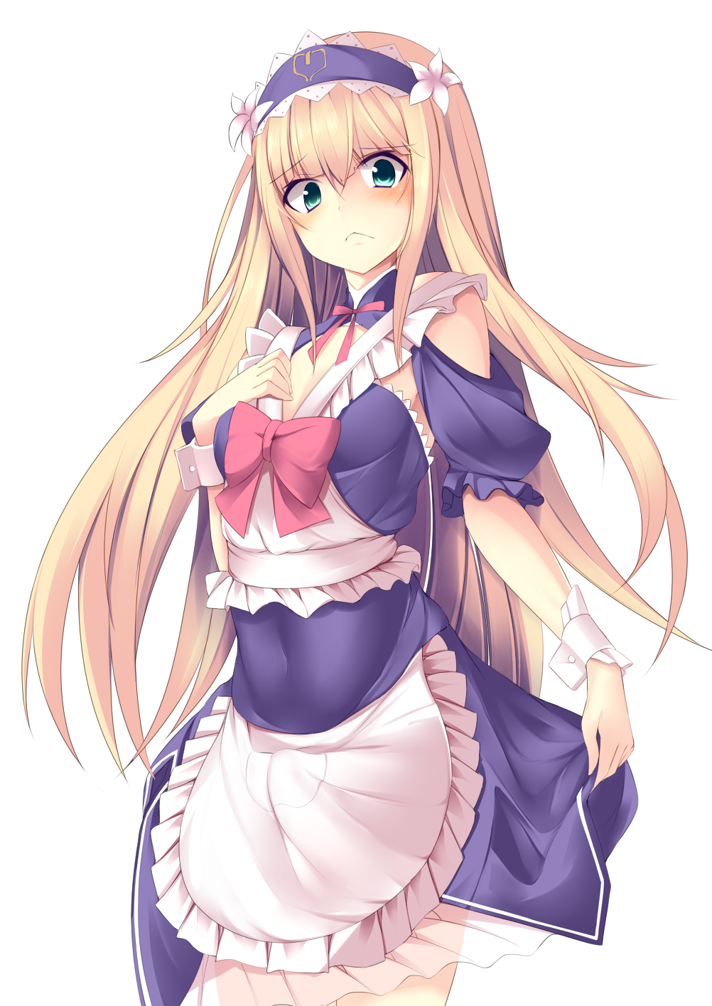 1girl :&lt; apron bangs blonde_hair blush closed_mouth cowboy_shot eyebrows_visible_through_hair fate/grand_order fate_(series) frilled_apron frilled_sleeves frills green_eyes hand_on_own_chest headdress highres le_chevalier_d'eon_(fate/grand_order) long_hair maid puffy_short_sleeves puffy_sleeves short_sleeves sidelocks simple_background solo sukage waist_apron white_background wrist_cuffs