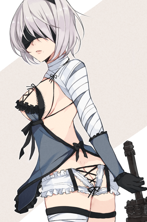 1girl ass asymmetrical_clothes bandage bandaged_arm bandaged_leg bandaged_neck bangs black_gloves black_hairband black_ribbon blindfold blue_dress braid breasts butt_crack chains cosplay covered_eyes cowboy_shot cross-laced_panties dress frills from_behind gloves hairband holding holding_sword holding_weapon kaine_(nier) kaine_(nier)_(cosplay) kurosawa_kazuto legs_together lingerie looking_at_viewer looking_back medium_breasts mole mole_under_mouth negligee nier nier_(series) nier_automata panties parted_lips ribbon short_hair silver_hair solo standing sword thigh_strap underwear vambraces weapon white_legwear white_panties yellow_eyes yorha_no._2_type_b