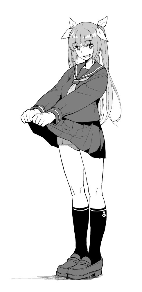 10s 1girl :d alternate_costume eyebrows_visible_through_hair fang greyscale i-19_(kantai_collection) kantai_collection kneehighs lifted_by_self long_hair long_sleeves monochrome nathaniel_pennel neckerchief open_mouth pleated_skirt sailor_collar school_uniform serafuku shoes simple_background skirt skirt_lift smile solo star star-shaped_pupils symbol-shaped_pupils tri_tails white_background