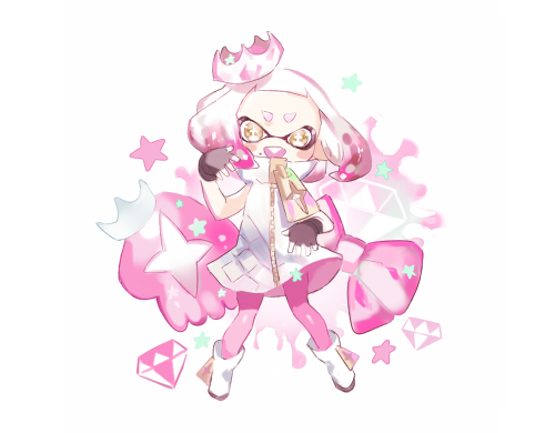 1girl crown diamond domino_mask fang fingerless_gloves gloves jacket lowres mask mole mole_under_mouth pearl_(splatoon) pointy_ears short_hair solo splatoon splatoon_2 tentacle_hair white_hair zipper