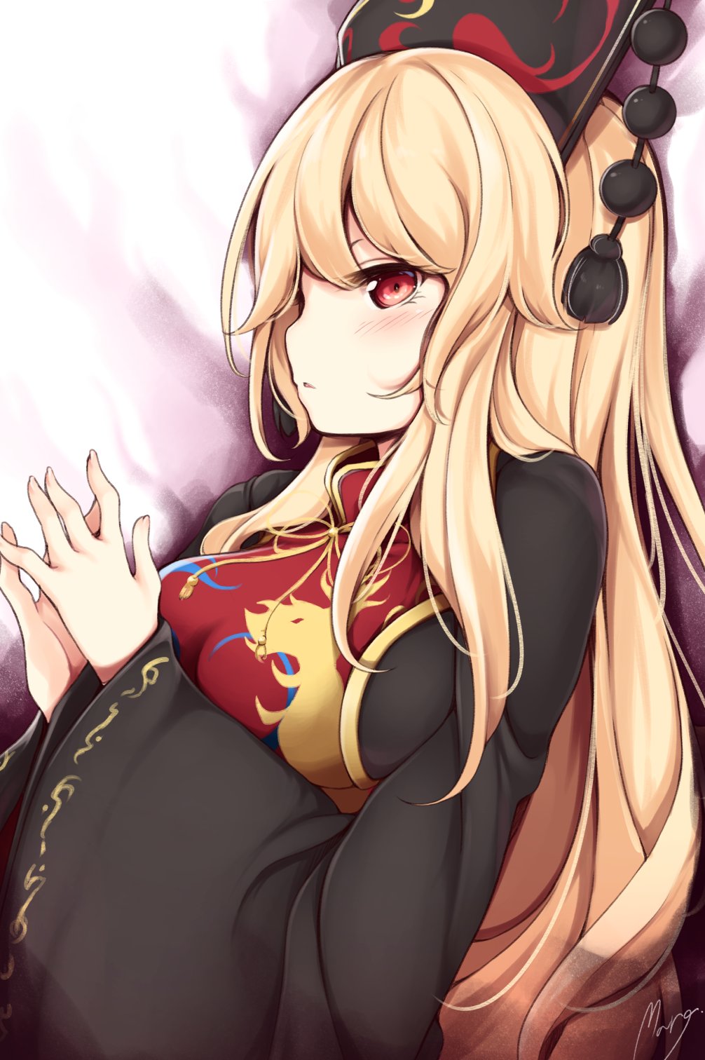 1girl bangs black_dress blonde_hair blush breasts chinese_clothes crescent dress energy fox_tail from_side hat highres junko_(touhou) large_breasts long_hair long_sleeves looking_away maremay0513 multiple_tails parted_lips profile red_eyes sidelocks solo tabard tail touhou upper_body wide_sleeves