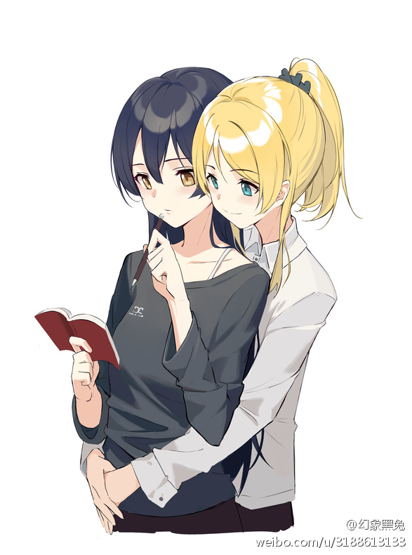 2girls aqua_eyes ayase_eli black_hair brown_eyes expressionless hand_to_own_mouth huanxiang_heitu hug hug_from_behind long_hair long_sleeves looking_down love_live! love_live!_school_idol_project mechanical_pencil multiple_girls notebook pencil ponytail simple_background smile sonoda_umi watermark web_address white_background yuri