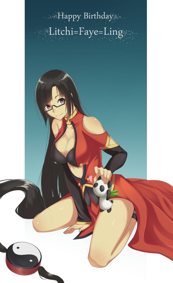 1girl bare_shoulders black_hair blazblue blazblue:_calamity_trigger blazblue:_central_fiction blazblue:_chronophantasma blazblue:_continuum_shift breasts china_dress chinese_clothes cleavage cleavage_cutout doll dress english glasses large_breasts litchi_faye_ling long_hair looking_at_viewer panda simple_background smile solo