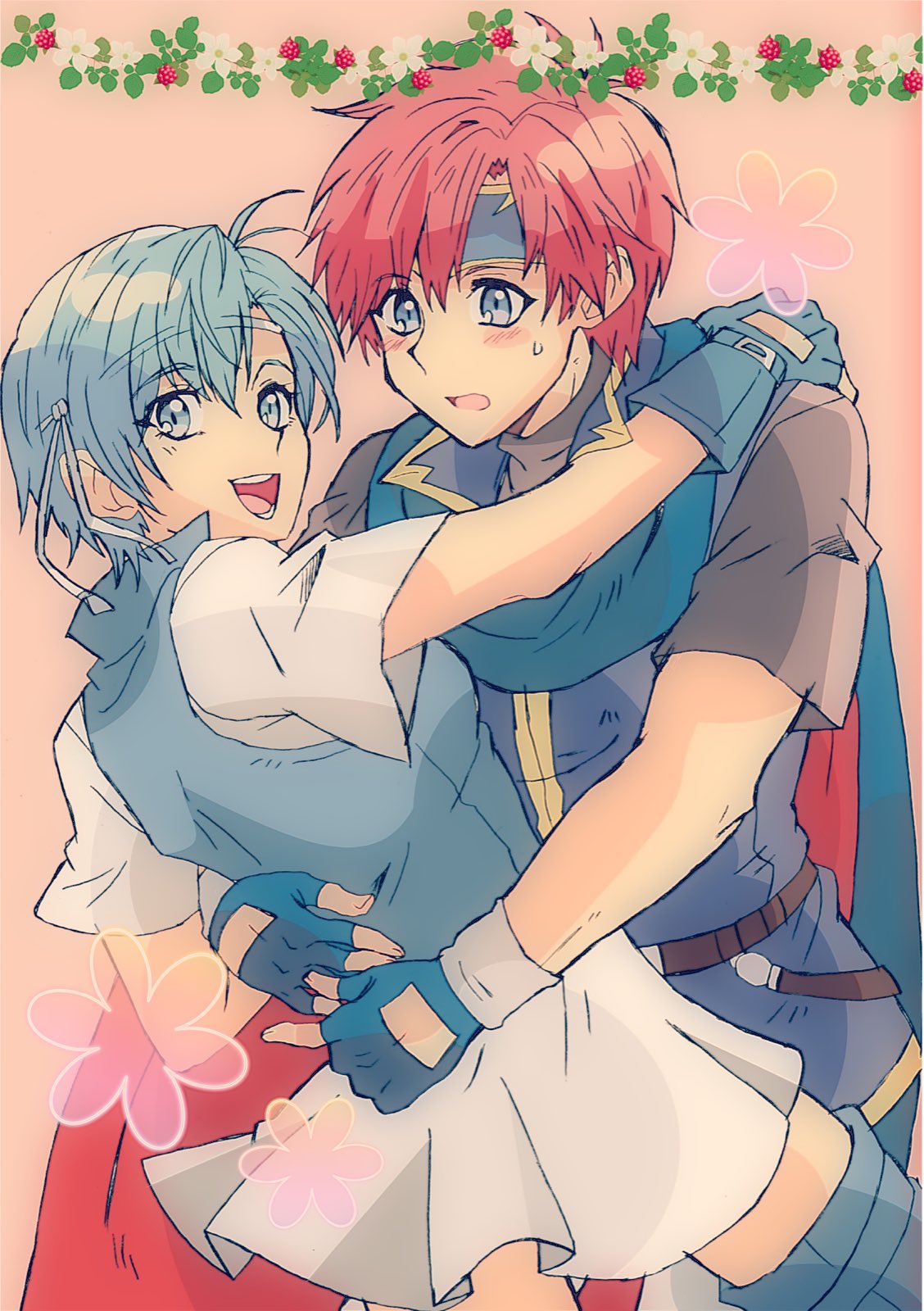 1boy 1girl armor blue_eyes blue_hair blush breastplate cape embarrassed fingerless_gloves fire_emblem fire_emblem:_fuuin_no_tsurugi floral_background gloves grin highres hug looking_at_viewer pauldrons redhead roy_(fire_emblem) simple_background smile thany