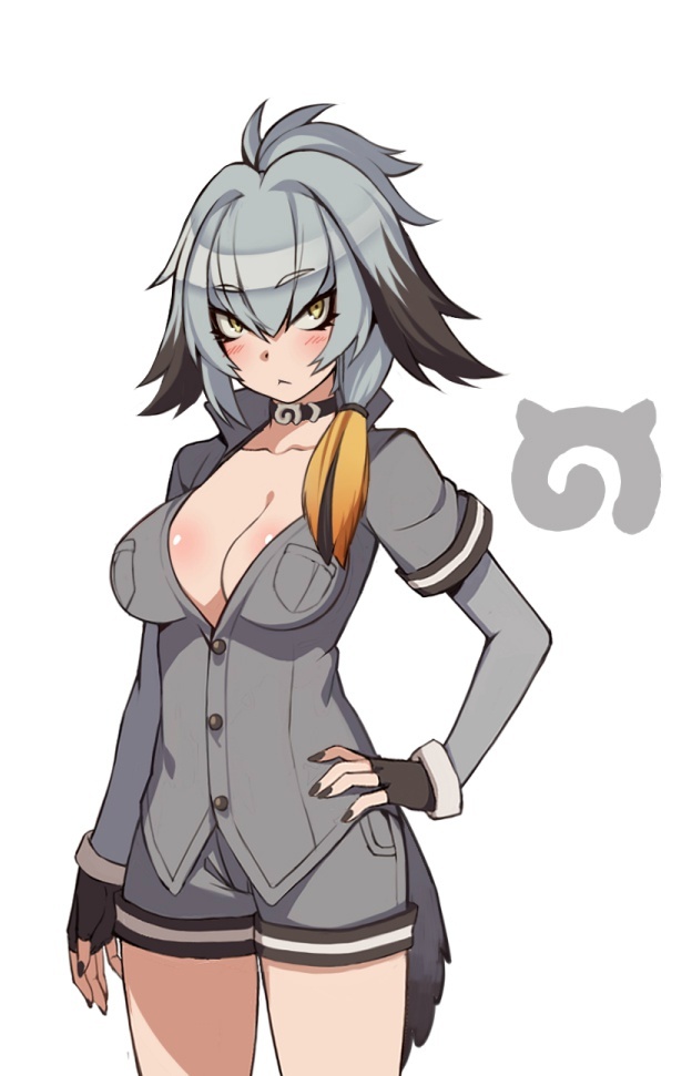 1girl :&lt; arm_at_side black_gloves breasts choker cleavage cowboy_shot eyebrows_visible_through_hair fingerless_gloves gloves hair_between_eyes hair_over_shoulder hand_on_hip kemono_friends kugi_ta_hori_taira large_breasts nail_polish one_side_up partially_unbuttoned shoebill_(kemono_friends) short_shorts shorts silver_hair simple_background solo tsurime white_background