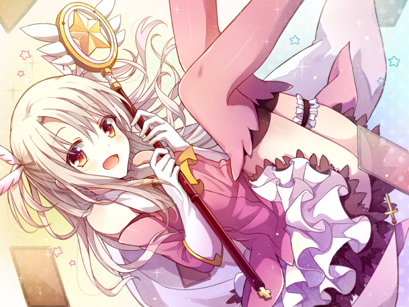 1girl ass blush elbow_gloves eyebrows_visible_through_hair fate/stay_night fate_(series) gloves illyasviel_von_einzbern looking_at_viewer open_mouth pink_legwear red_eyes silver_hair smile solo thigh-highs white_gloves yimu