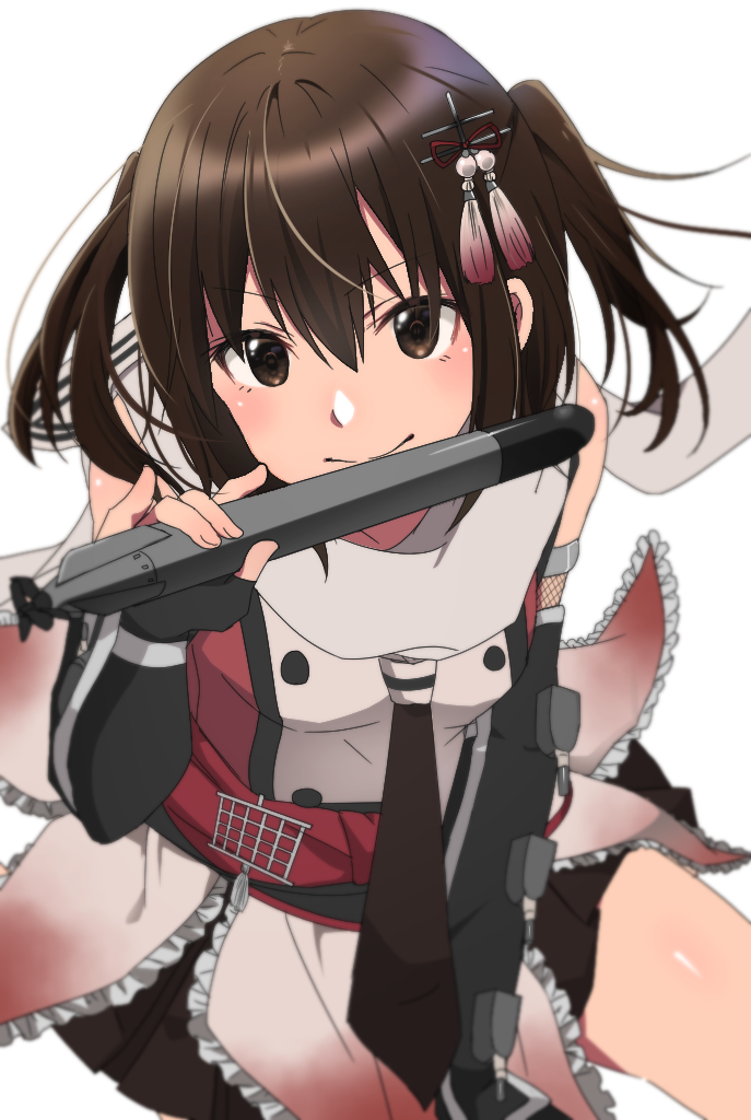 10s 1girl black_gloves black_neckerchief brown_eyes brown_hair buttons closed_mouth commentary elbow_gloves eyebrows_visible_through_hair fingerless_gloves frills gloves hair_between_eyes hair_ornament holding holding_torpedo kantai_collection long_hair looking_at_viewer machinery neckerchief pleated_skirt remodel_(kantai_collection) rigging rinto_(rint_rnt) scarf school_uniform sendai_(kantai_collection) simple_background skirt sleeveless smile solo torpedo turret two-tone_background weapon white_background white_scarf