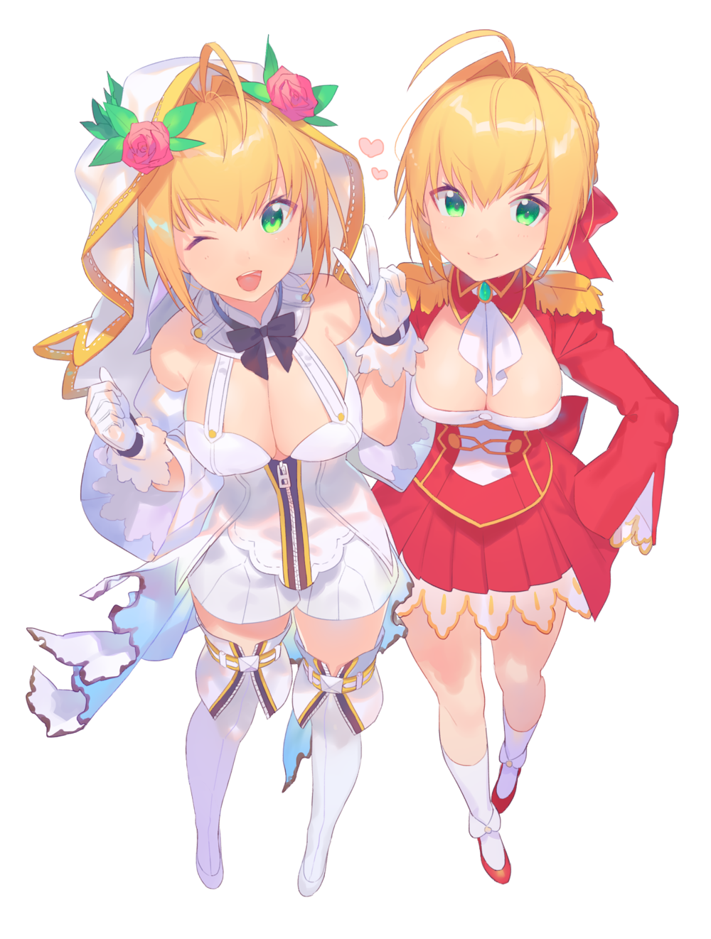 2girls ahoge blonde_hair blush breasts cleavage eyebrows_visible_through_hair fate/extra fate/extra_ccc fate_(series) gloves green_eyes heart heiwa_(murasiho) highres large_breasts looking_at_viewer multiple_girls one_eye_closed open_mouth saber saber_bride saber_extra smile v white_gloves