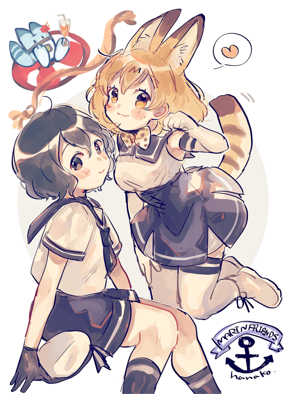 2girls :3 adapted_costume alternate_costume alternate_headwear alternate_legwear anchor animal_ears artist_name black_eyes black_gloves black_hair blonde_hair blush bow bowtie commentary_request elbow_gloves gloves hanako151 hat hat_removed headwear_removed heart high-waist_skirt highres kaban_(kemono_friends) kemono_friends kneehighs looking_at_viewer lucky_beast_(kemono_friends) multiple_girls paw_pose sailor_collar serval_(kemono_friends) serval_ears serval_tail shirt short_hair short_sleeves shorts skirt sleeveless sleeveless_shirt smile spoken_heart tail thigh-highs white_gloves white_legwear yellow_eyes