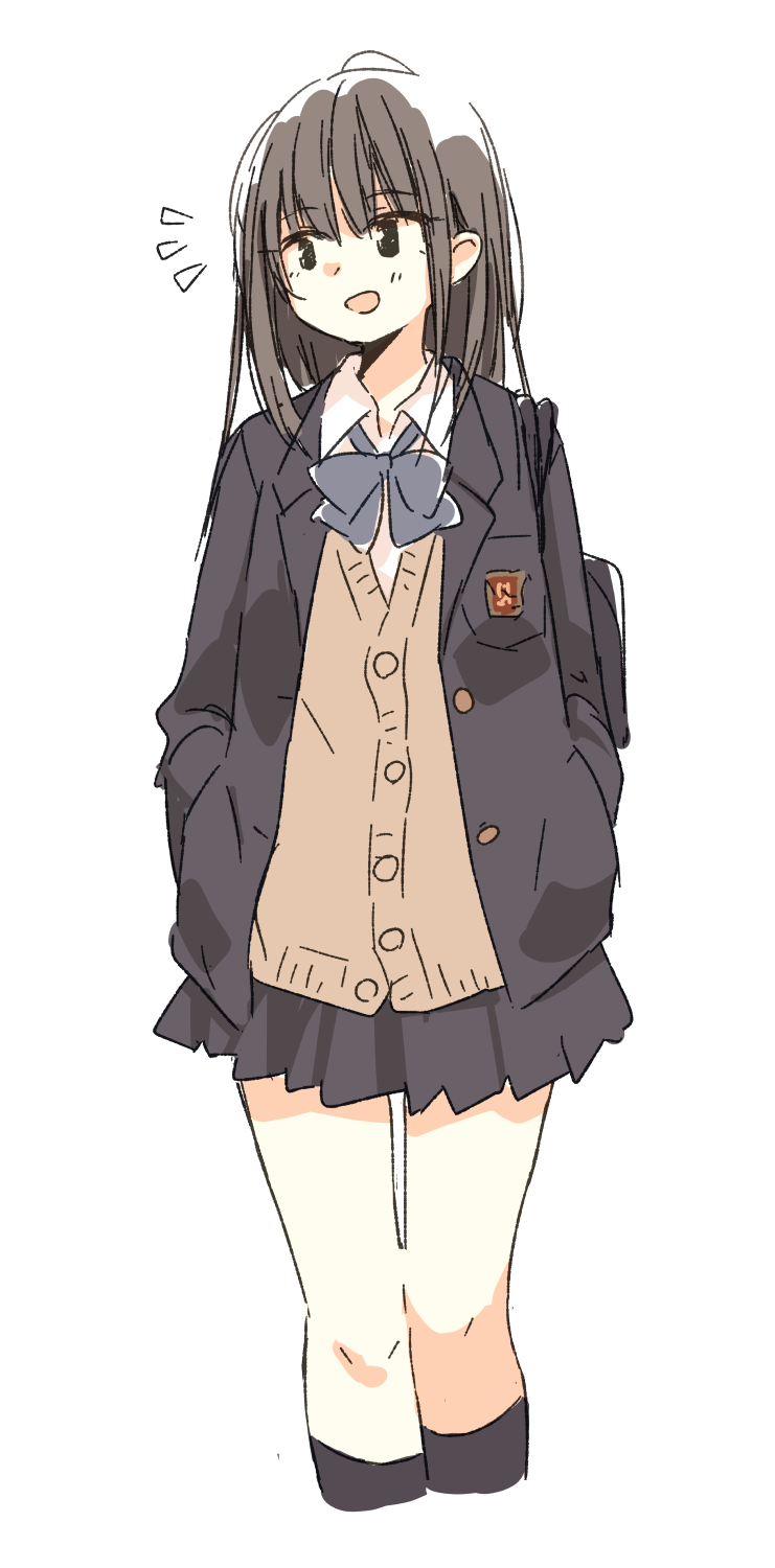 1girl bag bangs black_eyes black_legwear black_skirt blazer blush cardigan eyebrows_visible_through_hair grey_hair hands_in_pockets highres jacket kneehighs long_hair looking_to_the_side matsuda_hikari open_blazer open_clothes open_jacket open_mouth original pleated_skirt school_uniform shoulder_bag skirt smile solo