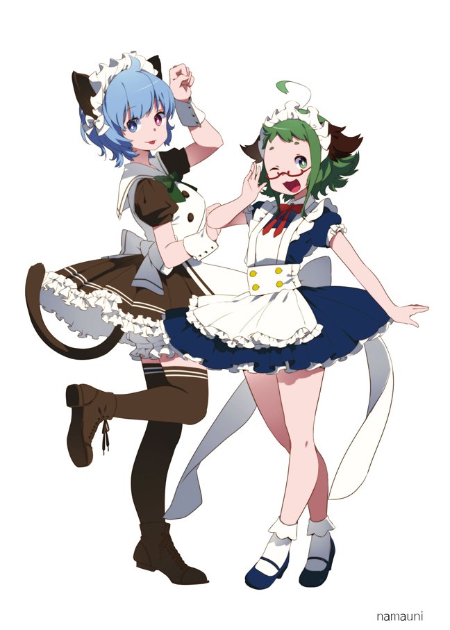2girls adjusting_glasses ahoge animal_ears apron artist_name bare_legs blue_dress blue_eyes blue_hair boots bow bowtie brown_boots brown_dress brown_legwear cat_ears cat_tail dress fake_animal_ears frilled_apron frilled_dress frilled_skirt frills glasses green_eyes green_hair heterochromia kasodani_kyouko long_ribbon maid maid_headdress mary_janes multiple_girls namauni open_mouth paw_pose puffy_short_sleeves puffy_sleeves red_bow red_eyes ribbon semi-rimless_glasses shoes short_hair short_hair_with_long_locks short_sleeves short_socks simple_background skirt tail tatara_kogasa thigh-highs tongue tongue_out touhou white_background