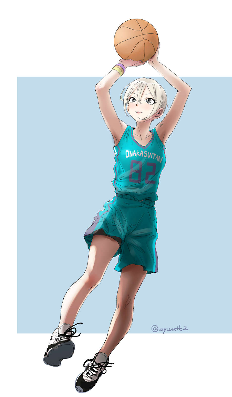 1girl arms_up ball basketball blue_background bracelet brown_eyes clothes_writing eyelashes grey_hair highres holding holding_ball idolmaster idolmaster_cinderella_girls jersey jewelry jumping looking_up national_basketball_association shiomi_shuuko shoes short_hair shorts sidelocks simple_background sneakers solo translation_request twitter_username watanukin_(etson122127)