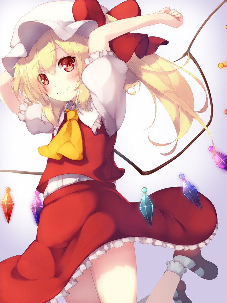 1girl arms_up ascot bangs blonde_hair closed_mouth commentary_request crystal eyebrows_visible_through_hair eyes_visible_through_hair flandre_scarlet frilled_legwear frilled_shirt_collar frilled_skirt frills gengetsu_chihiro hat hat_ribbon jumping mob_cap puffy_short_sleeves puffy_sleeves red_eyes red_ribbon red_skirt red_vest ribbon shirt shirt_tucked_in short_sleeves side_ponytail simple_background skirt smile solo touhou vest white_hat white_legwear white_shirt wings