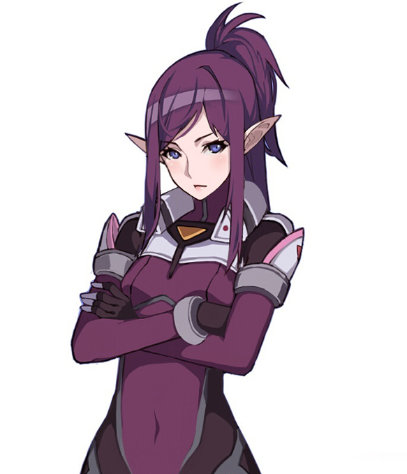 1girl blue_eyes bodysuit breasts closed_mouth covered_navel crossed_arms detexted kugi_ta_hori_taira lips long_hair looking_at_viewer macross macross_delta mirage_farina_jenius one_side_up photoshop pointy_ears purple_hair sidelocks simple_background small_breasts solo white_background