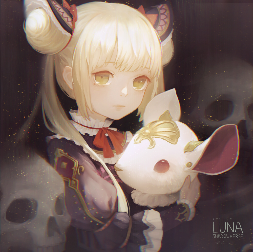 1girl animal blonde_hair character_name copyright_name double_bun long_hair looking_at_viewer luna_(shadowverse) mouse shadowverse twintails upper_body yellow_eyes