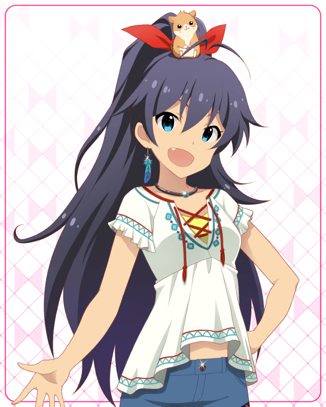 1girl animal animal_on_head antenna_hair artist_request bangs black_hair blue_eyes bow earrings fang ganaha_hibiki hair_bow hamster hamuzou hand_on_hip idolmaster idolmaster_million_live! idolmaster_million_live!_theater_days jewelry long_hair looking_at_viewer midriff necklace official_art on_head open_mouth ponytail short_sleeves shorts smile solo very_long_hair
