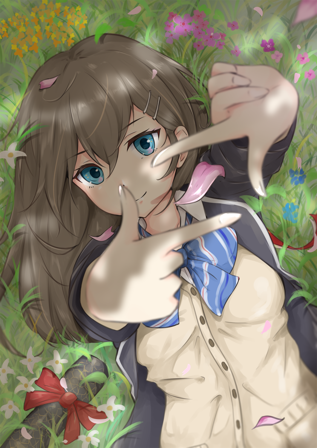 1girl aqua_eyes black_blazer blazer blue_bow blue_bowtie bow bowtie breasts brown_hair buttons diploma eyebrows_visible_through_hair finger_frame fingernails flower from_above graduation grass hair_between_eyes hair_ornament hairclip highres hoshimiya_mashiro jacket long_hair looking_at_viewer lying medium_breasts on_back on_ground open_blazer open_clothes open_jacket original outdoors petals red_ribbon ribbon school_uniform shade smile solo striped striped_bow sweater tsurime tube upper_body