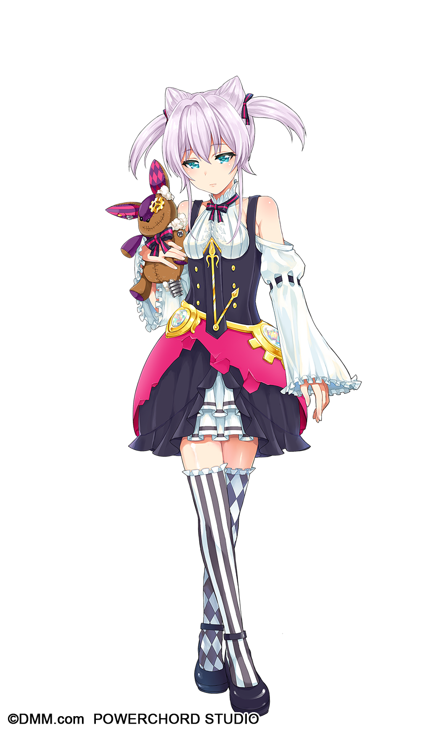 1girl argyle argyle_legwear artist_request bare_shoulders blue_eyes daian_maachin detached_sleeves drill_senki full_body highres mismatched_legwear purple_hair short_hair solo striped striped_legwear stuffed_animal stuffed_toy thigh-highs transparent_background two_side_up vertical-striped_legwear vertical_stripes zettai_ryouiki