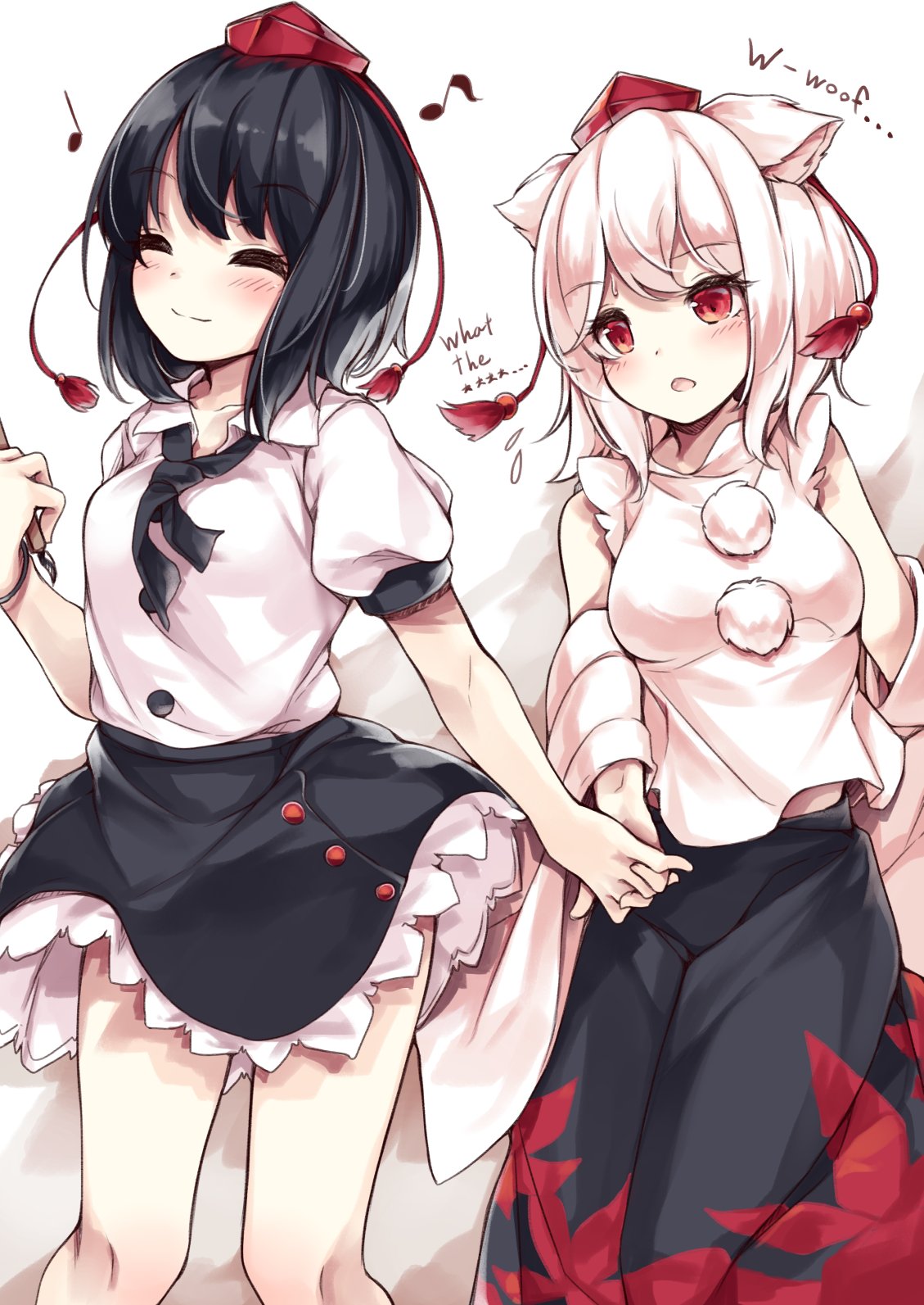 2girls ^_^ animal_ears black_hair black_skirt blush breasts calligraphy_brush closed_eyes closed_mouth collared_shirt cowboy_shot english flying_sweatdrops frilled_skirt frills hand_holding hat highres humming inubashiri_momiji long_skirt long_sleeves looking_at_another maremay0513 medium_breasts multiple_girls musical_note necktie paintbrush parted_lips pom_pom_(clothes) puffy_short_sleeves puffy_sleeves red_eyes shameimaru_aya shirt short_hair short_sleeves silver_hair skirt sleeveless sleeveless_shirt smile tail tokin_hat touhou white_shirt wide_sleeves wolf_ears wolf_tail