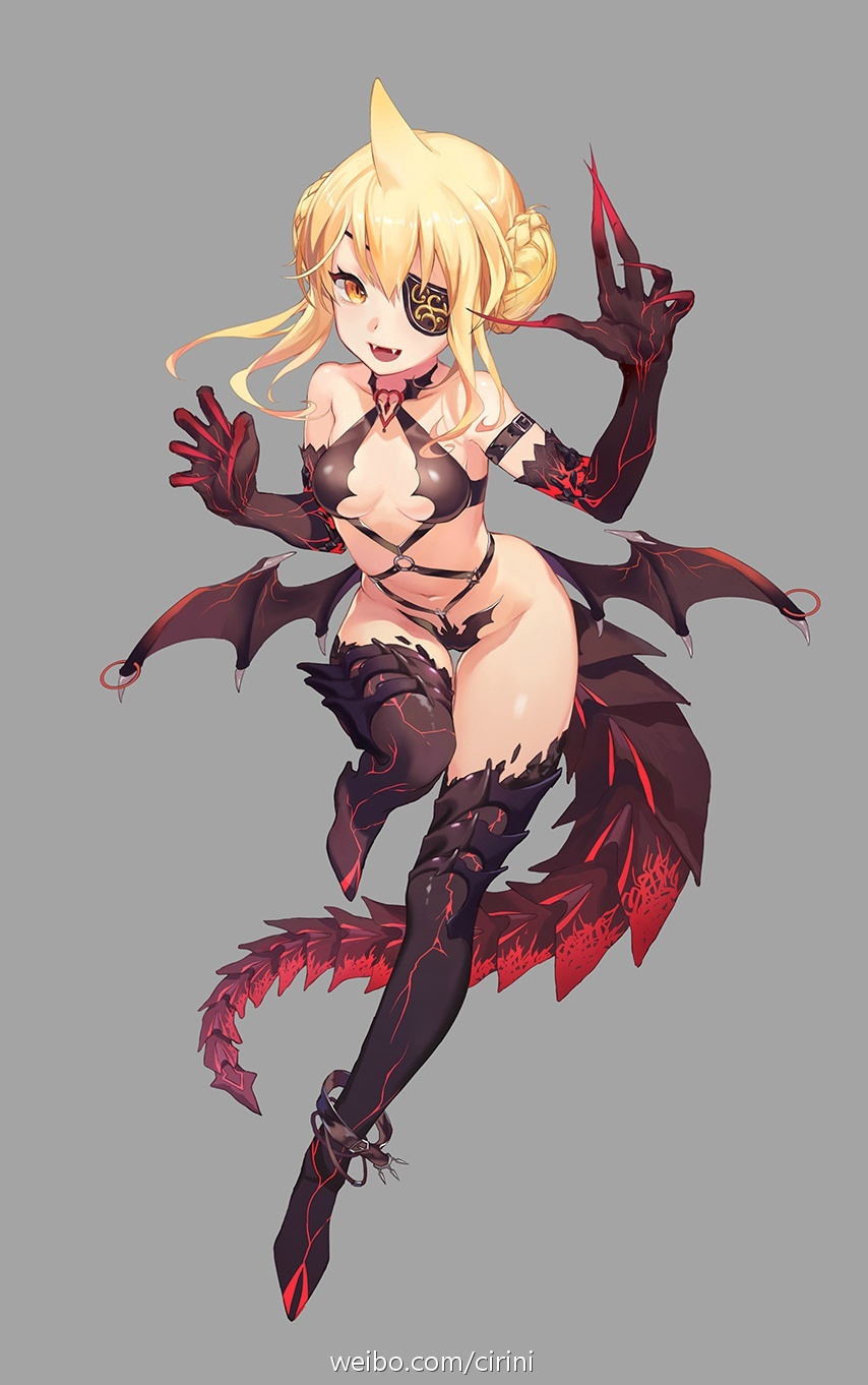 1girl :d ankle_strap arm_strap armor black_gloves black_legwear black_wings blonde_hair boots braid breasts claws criin_(659503) criss-cross_halter double_bun elbow_gloves eyepatch fangs fingernails gloves grey_background halterneck heart_ring highres horn leaning_forward leg_up long_fingernails low_wings navel open_mouth revealing_clothes short_hair_with_long_locks simple_background small_breasts smile solo tail thigh-highs thigh_boots twin_braids watermark web_address wings yellow_eyes