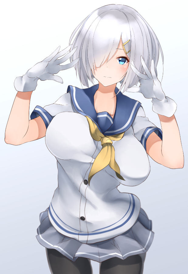 10s 1girl black_legwear blue_eyes blue_sailor_collar breasts cowboy_shot gloves gradient gradient_background grey_skirt hair_ornament hair_over_one_eye hairclip hamakaze_(kantai_collection) hechi_(hechi322) kantai_collection large_breasts neckerchief pantyhose pleated_skirt sailor_collar school_uniform serafuku short_hair short_sleeves silver_hair simple_background skirt solo white_gloves yellow_neckerchief